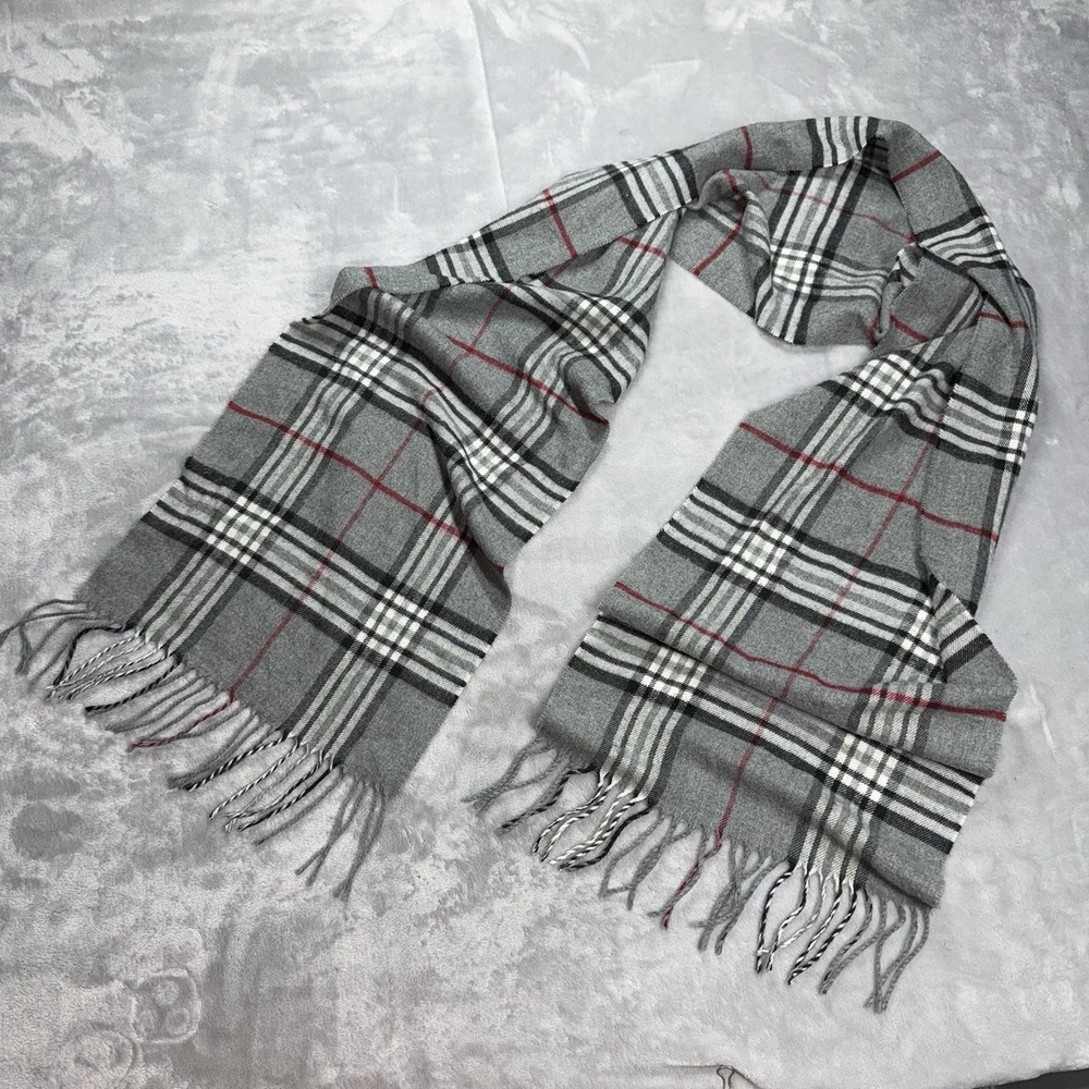 Vintage Unisex V Fraas Gray Plaid Cashmink Winter Scarf Fringed 70 Inch - Picture 1 of 4